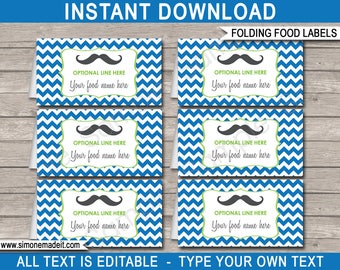 Mustache Food Labels Template - Printable Little Man Theme Birthday Party Decorations - Buffet Tags - INSTANT DOWNLOAD with EDITABLE text
