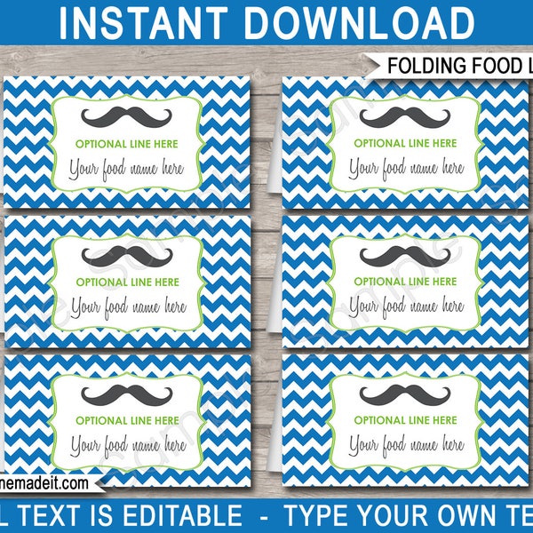 Mustache Food Labels Template - Printable Little Man Theme Birthday Party Decorations - Buffet Tags - INSTANT DOWNLOAD with EDITABLE text