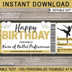 Ballett-Eintrittskarte Vorlage Geschenkgutschein Gutschein - Druckbarer Geburtstag Theater DIY Coupon - Ballerina - EDITIERBARER Text DOWNLOAD