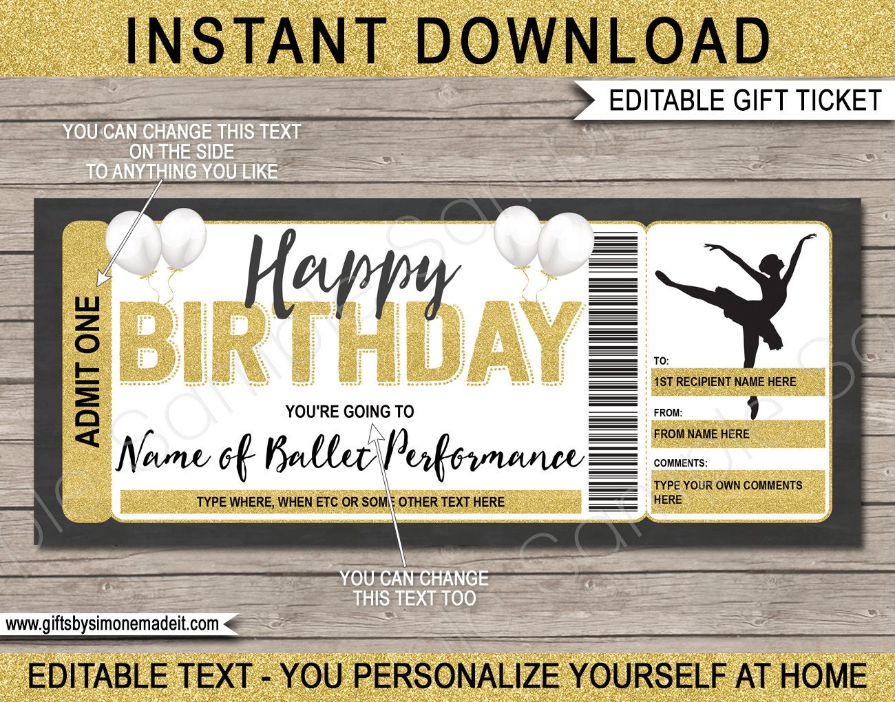 Ballet Ticket Template Gift Certificate Voucher Printable Etsy UK