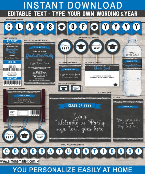 Blue Graduation Party Invitations & Decorations Template Bundle - Any Year - INSTANT DOWNLOAD - EDITABLE text Il_570xn