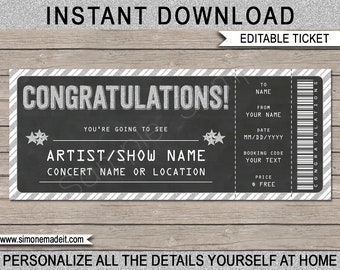 Printable Concert Ticket Gift - Gift Voucher, Certificate - Congratulations - Surprise Concert, Show - INSTANT DOWNLOAD with EDITABLE text