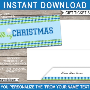 Printable Sleeve / Envelope for Christmas Golfing Gift Tickets, Vouchers - Merry Christmas - INSTANT DOWNLOAD with EDITABLE text - you edit