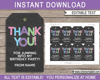 Etiquetas de regalo de cumpleaños con temática de trampolín: Etiquetas de agradecimiento editables (descarga instantánea)