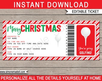 May include: A printable Christmas gift certificate for a round of golf. The certificate has a red and white striped background with the text "Merry Christmas" in green and red. The certificate is editable and includes space to personalize the recipient's name, the date, the golf course, and the giver's name.