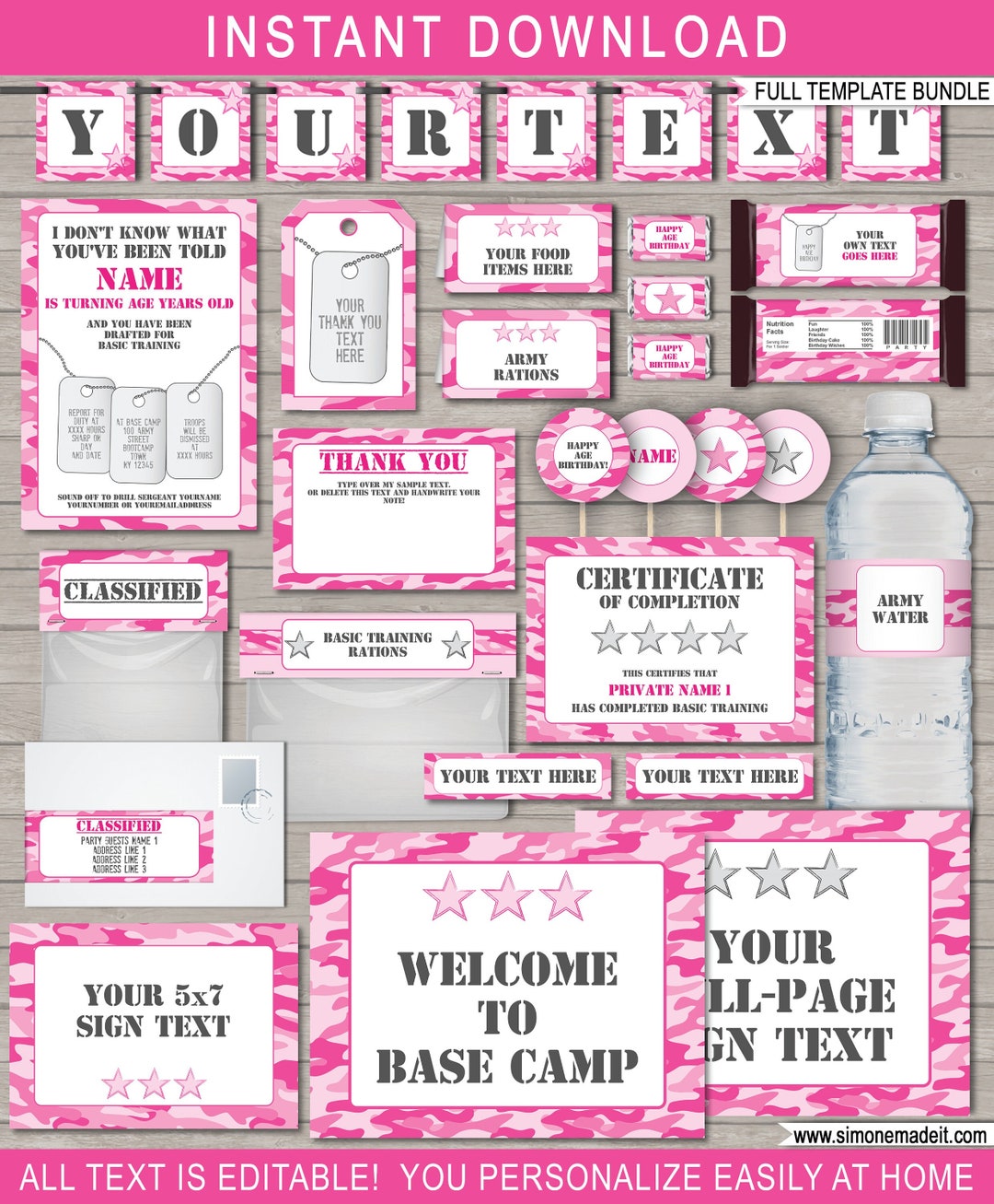 Pink Camo Party Printable Decoration + Invitation Template Bundle ...