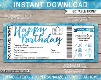 Surprise Birthday Vacation Travel Ticket Boarding Pass Template - Personalized Holiday Trip Reveal Gift Idea, Plane Car Bus Boat Train Bike