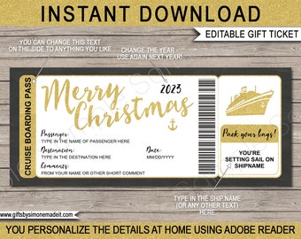 Christmas Cruise Boarding Pass Ticket Template Gift - Surprise Cruise Reveal, Printable Gold Gift Voucher - INSTANT DOWNLOAD - EDITABLE text