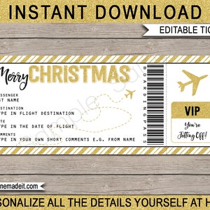 Modelo de bilhete de avião para presente de Natal - Cupom de voo para cartão de embarque para impressão - Revelação de viagem surpresa - DOWNLOAD INSTANTÂNEO - Texto EDITÁVEL