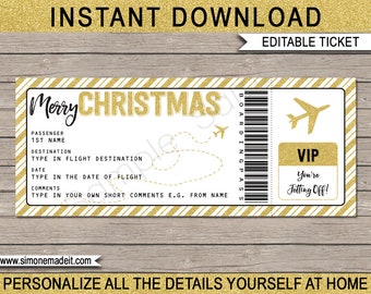 Christmas Gift Airplane Ticket Template - Printable Boarding Pass Flight Coupon - Surprise Trip Reveal - INSTANT DOWNLOAD - EDITABLE text