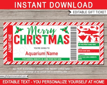 Aquarium Ticket Printable Christmas Gift Voucher Template - Surprise Marine Aquatic Animal Trip Visit - INSTANT DOWNLOAD with EDITABLE text