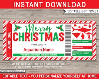 May include: A printable Christmas gift ticket with a red and white striped border. The ticket says "Merry Christmas" and "You're going to [Aquarium Name]" with space to add an address, date, or other details. The ticket also has space to write the recipient's name, the giver's name, and a comment.