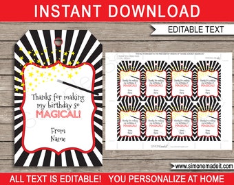 Magic Favor Tags Template - Printable Thank You Tags - Magic Theme Birthday Party Favors - EDITABLE TEXT DOWNLOAD - you personalize