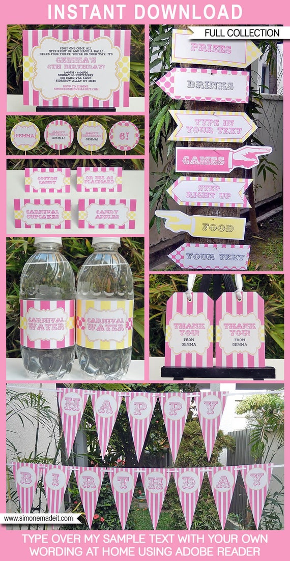 Carnival Party Invitations & Decorations - full Printable Package - Pink Yellow - INSTANT DOWNLOAD with EDITABLE text - you personalize Il_570xn