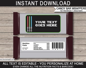 May include: Printable candy bar wrappers featuring a Star Wars theme. The front of the wrapper has a black background with green text that says "YOUR TEXT GOES HERE". There are four lightsabers in the background. The back of the wrapper has a grey background with a nutrition facts label and a barcode. The text "PARTY" is printed below the barcode.