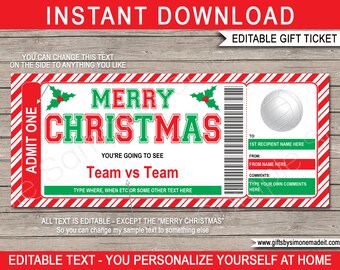 Volleyball Ticket Template Christmas Gift - Surprise Game Ticket - Printable Gift Voucher Certificate - INSTANT DOWNLOAD with EDITABLE text