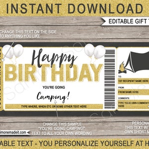 Op de afbeelding: Bewerkbaar, printbaar cadeaukaartje met een kampeerthema. Het kaartje heeft een gouden glitterachtergrond met zwarte tekst. Het staat er "Happy Birthday" en "You're going camping!" met een tentgrafiek. Het kaartje heeft ruimte om te personaliseren met de naam van de ontvanger, een bericht van de gever en opmerkingen.