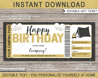 Camping Ticket Template Gift Certificate Voucher Pass - Printable Birthday Surprise Camping Trip Reveal Coupon - EDITABLE DOWNLOAD