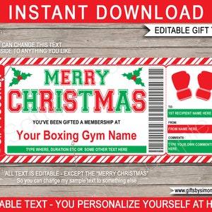Regalo de plantilla de membresía de boxeo navideño - Pase sorpresa para gimnasio - Certificado de vale de regalo imprimible - DESCARGA INSTANTÁNEA con texto EDITABLE