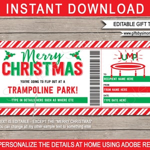 Plantilla de entrada para Trampoline Park - Cupón de vale de certificado de regalo de Navidad imprimible - Revelación sorpresa - DESCARGA INSTANTE - Texto EDITABLE