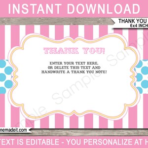 Puede incluir: Tarjeta de agradecimiento a rayas rosas y blancas con un borde de lunares azules y blancos. La tarjeta tiene un borde amarillo y dice "¡Gracias!" en letras rosas. El texto "Ingrese su texto aquí. O elimine este texto y escriba una nota de agradecimiento!" también está incluido. La tarjeta mide 6x4 pulgadas.