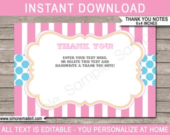 May include: Pink and white striped thank you note with a blue and white polka dot border. The note has a yellow border and says "Thank You!" in pink letters. The text "Enter your text here. Or delete this text and handwrite a thank you note!" is also included. The note is 6x4 inches.