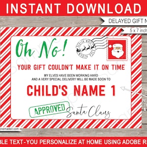 Aviso de presente de Natal atrasado do modelo do Papai Noel - cartão-presente faltando, presente com chegada atrasada, presente a caminho, ah, não, DOWNLOAD INSTANTÂNEO