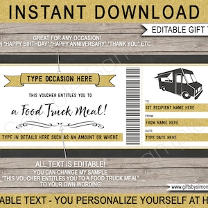 Food Truck Gift Voucher Certificate Card Template - Dinner, Restaurant, Night Out, Dining, Food, Meal Delivery Ticket - EDITABLE TEXT