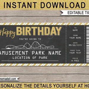 Theme Park Ticket Geburtstagsgeschenk Druckbare Vorlage - Überraschungs-Vergnügungspark-Coupon - INSTANT DOWNLOAD mit EDITIERBARE Text - Sie bearbeiten
