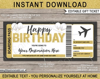 Boarding Pass Template Surprise Trip Plane Ticket Birthday Gift, Airplane Flight Destination Airline, Fake Coupon - EDITABLE TEXT DOWNLOAD