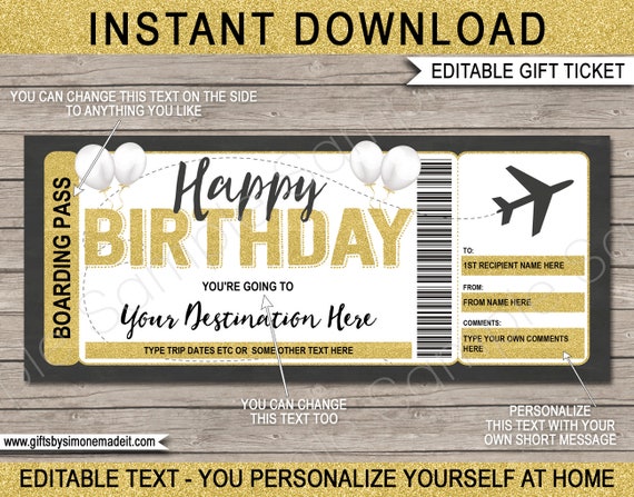 Birthday Gift Airplane Ticket Printable Boarding Pass Voucher