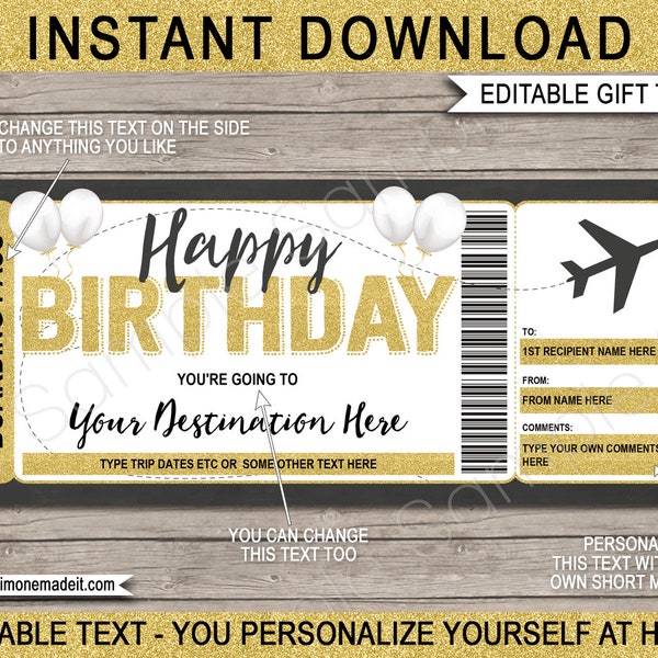 Boarding Pass Template Surprise Trip Plane Ticket Birthday Gift, Airplane Flight Destination Airline, Fake Coupon - EDITABLE TEXT DOWNLOAD