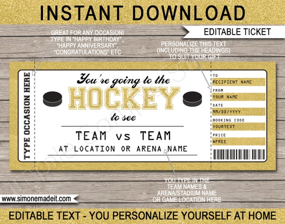 Printable Hockey Gift Voucher Game Ticket Template Surprise Etsy