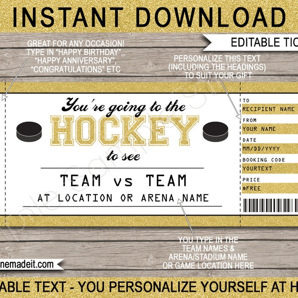 Printable Hockey Gift Voucher Game Ticket Template - Surprise Hockey Ticket - Any Occasion, Birthday etc - INSTANT DOWNLOAD - EDITABLE