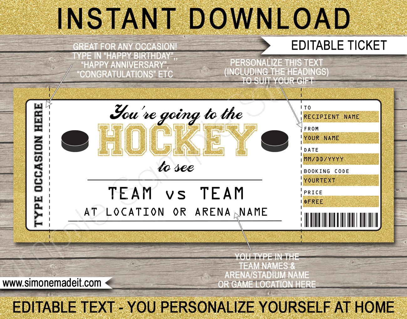 Hockey Game Ticket Birthday Gift Voucher