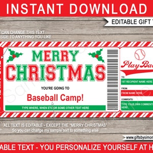 Plantilla de boleto de regalo para el campamento de béisbol de Navidad Vale imprimible - Campamento de entrenamiento sorpresa o clínica de habilidades - DESCARGA INSTANTE - Texto EDITABLE