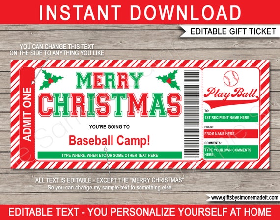 Christmas Baseball Camp Gift Ticket Template Printable Voucher - Surprise Training Camp or Skills Clinic - INSTANT DOWNLOAD - EDITABLE text Il_570xn