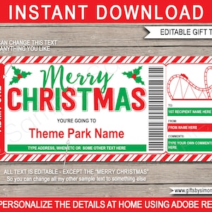 Vergnügungspark-Thementicket Weihnachtsgeschenkvorlage - Druckbare Überraschungsgeschenkgutschein-Zertifikatskarte - INSTANT DOWNLOAD mit EDITIERBARE Text