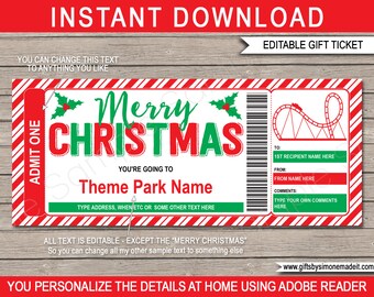 May include: Editable Christmas gift ticket template with red and green stripes. The text says "Merry Christmas" and "You're going to [Theme Park Name]" with space to add a recipient's name, a message from the giver, and comments.  The text "All text is editable - except the "Merry Christmas" is at the bottom.