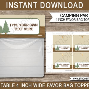 Camping Party Favors Bag Toppers - 4 inches wide - INSTANT DOWNLOAD with EDITABLE text - you personalize at home using Adobe Reader