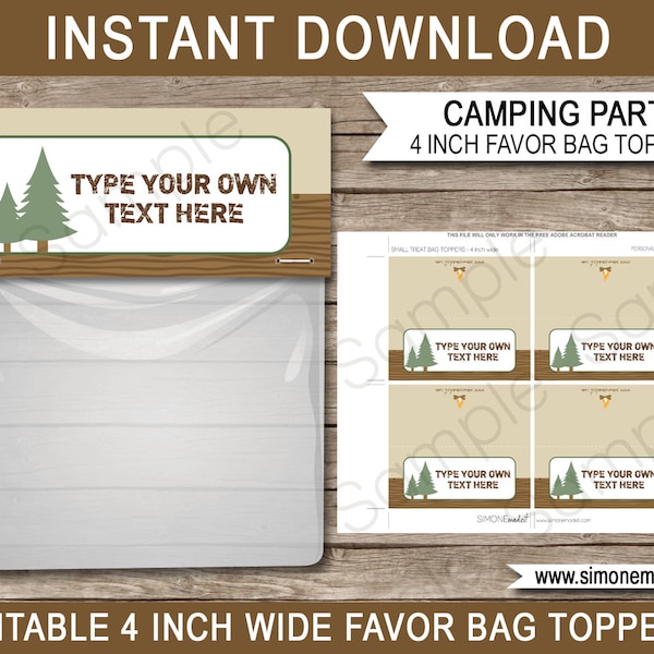 Camping Party Favors Bag Toppers - 4 inches wide - INSTANT DOWNLOAD with EDITABLE text - you personalize at home using Adobe Reader