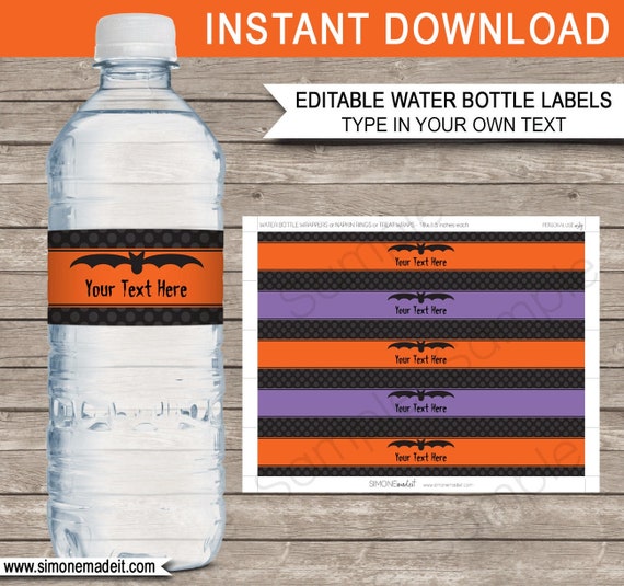 Halloween Water Bottle Labels Template - Printable Wrappers - INSTANT DOWNLOAD with EDITABLE text - your personalize Il_570xn