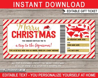 May include: Printable Christmas gift ticket with a red and white striped background and gold glitter accents. The ticket says "Merry Christmas" and "a trip to the Aquarium!" with a Santa hat graphic. The ticket is editable with space to type in the recipient's name, the giver's name, and the date.