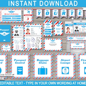 Airplane Theme Party Template Bundle - Printable Invitation Decoration Templates - Package Set Collection Kit Pack - EDITABLE TEXT DOWNLOAD