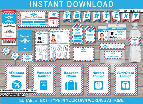 Airplane Theme Party Template Bundle Printable Invitation - Etsy