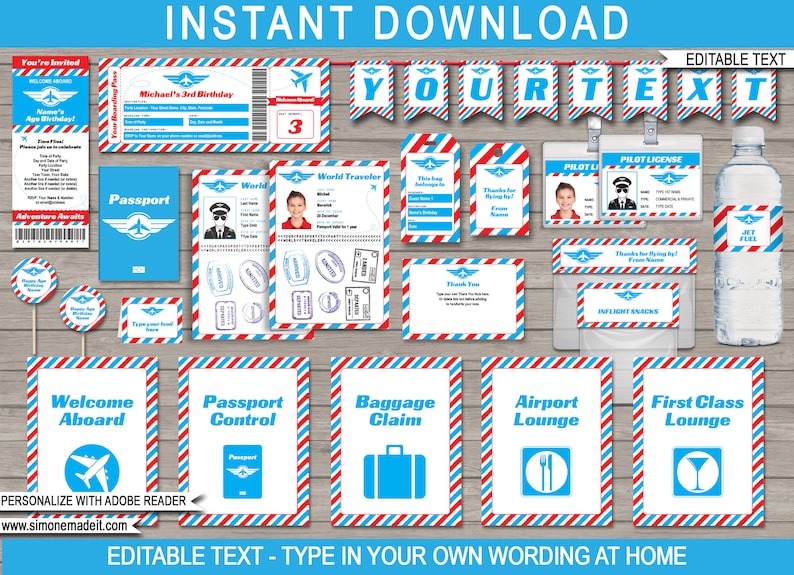 Airplane Theme Party Template Bundle Printable Invitation Decoration Templates Package Set Collection Kit Pack EDITABLE TEXT