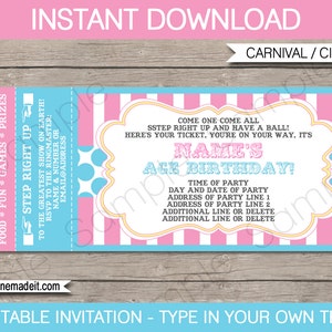 Pink Circus Ticket Invitation Template - Carnival Theme Party - Birthday Party - INSTANT DOWNLOAD - EDITABLE text - you personalize at home