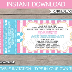 Pink Circus Ticket Invitation Template: Editable Carnival Party (Digital Download)