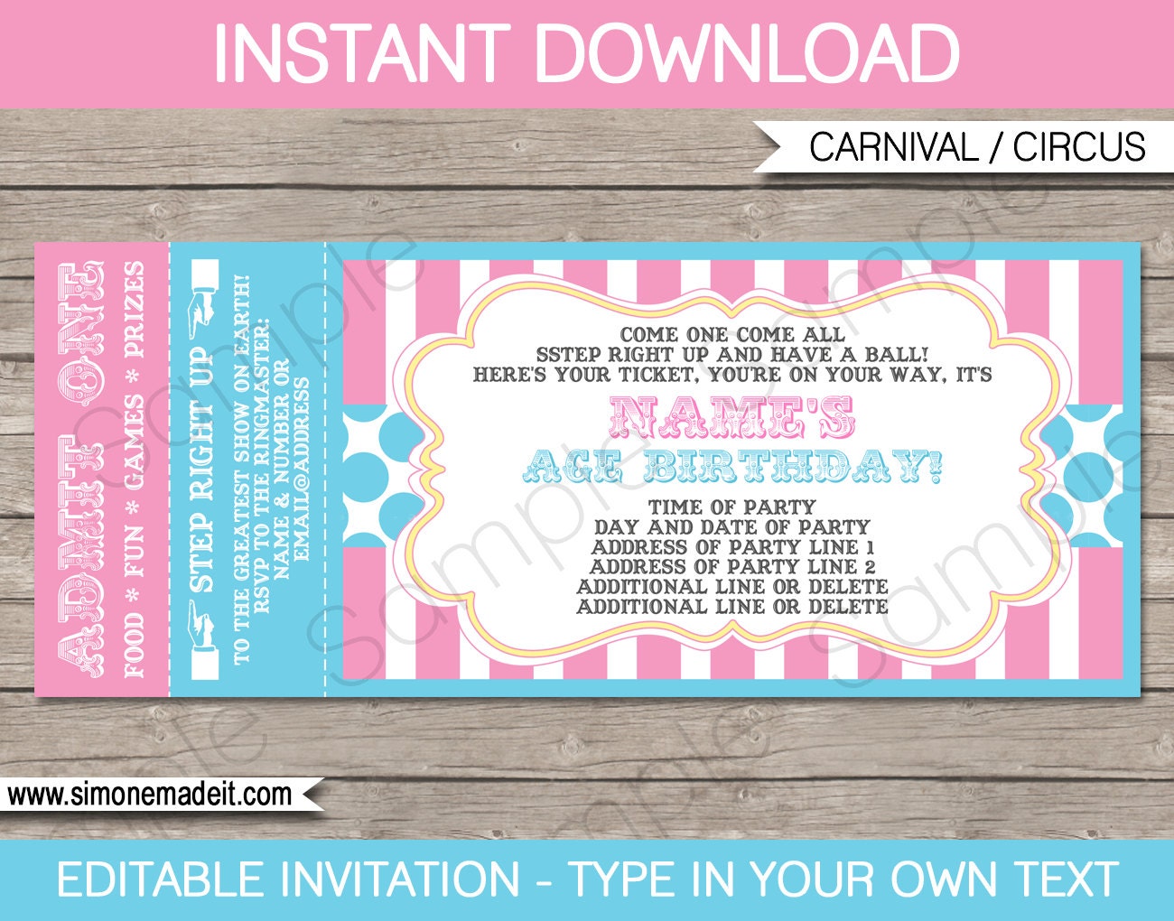 Pink Circus Ticket Invitation Template: Editable Carnival Party (Digital  Download), image size:1300x1020
