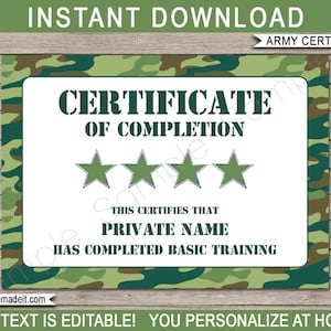 Boot Camp Certificate of Completion Template - Printable Green Camo Army Basic Training Theme Birthday Party Favors - EDITABLE TEXT DOWNLOAD